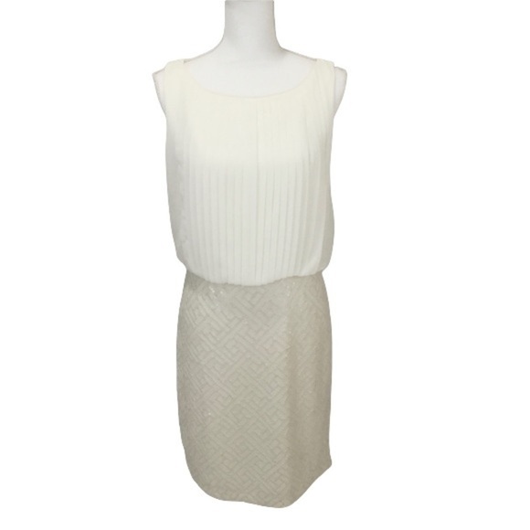 Vince Camuto Cream Sleeveless Cocktail Dress with Pleated Top and Sequin Skirt - Picture 1 of 6